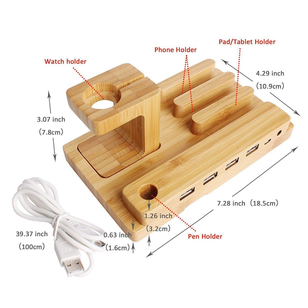 4 USB Charger Station for Apple Watch Charging Dock Station Bamboo Wood Charger Stand Holder For iPhone iPad iPod Samsung Xiaomi